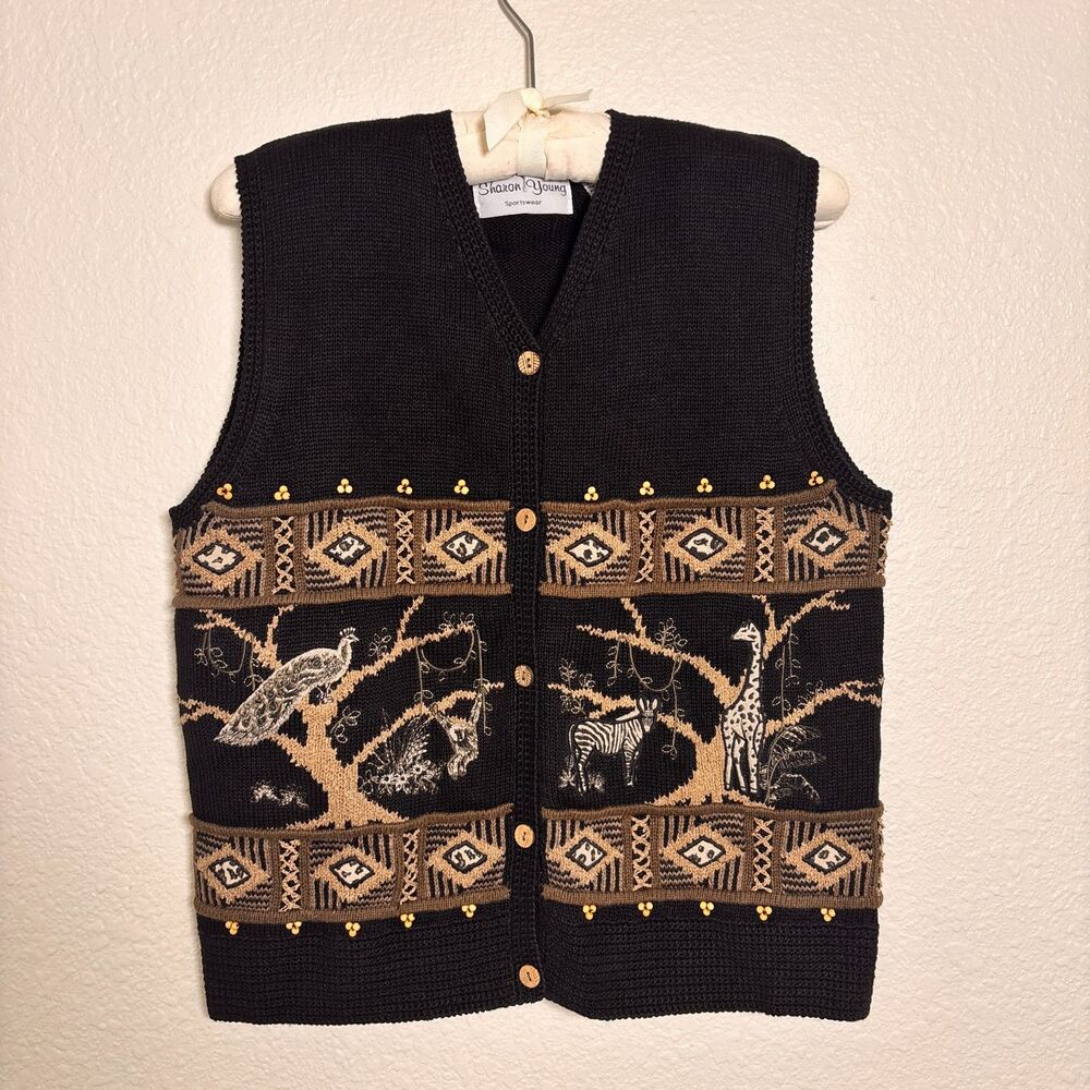 Safari Sweater Vest Womens M Peacock Giraffe Zebra Novelty Knit Boho Artwear